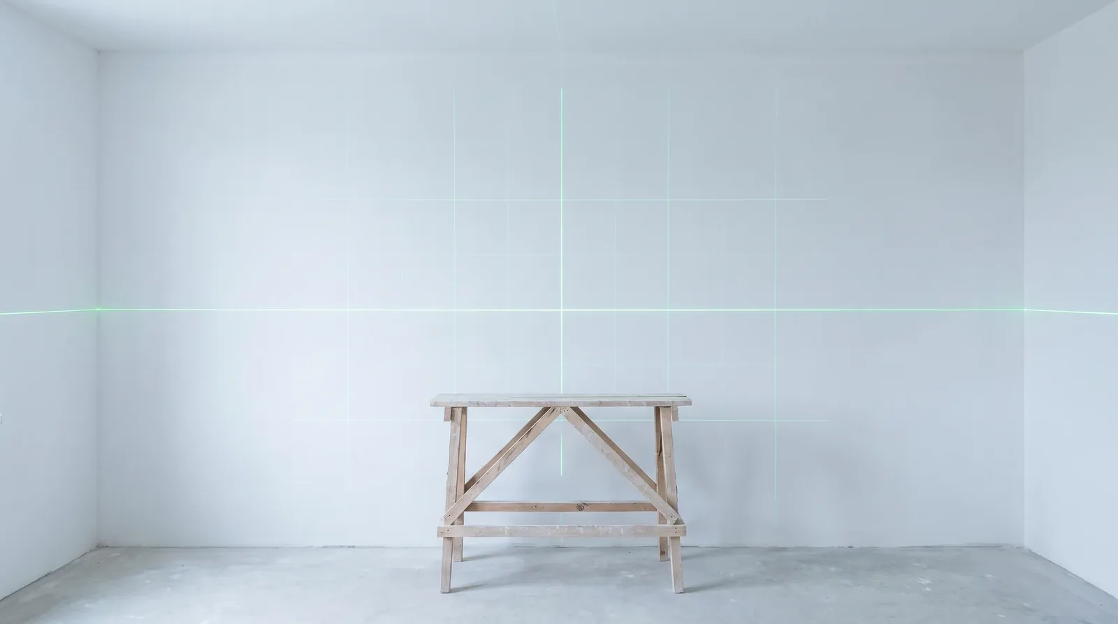 Pièce en rénovation traversée par une ligne laser verte de niveau sur un mur blanc quadrillé